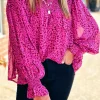 Sale Dear-Lover Leopard Shirred Puff Sleeve Flowy Blouse Rose