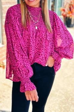 Sale Dear-Lover Leopard Shirred Puff Sleeve Flowy Blouse Rose