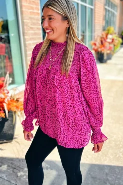 Sale Dear-Lover Leopard Shirred Puff Sleeve Flowy Blouse Rose