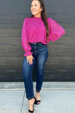Sale Dear-Lover Leopard Shirred Puff Sleeve Flowy Blouse Rose