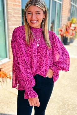 Sale Dear-Lover Leopard Shirred Puff Sleeve Flowy Blouse Rose