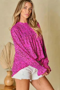 Sale Dear-Lover Leopard Shirred Puff Sleeve Flowy Blouse Rose