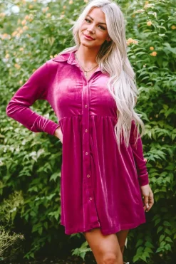 Online Dear-Lover Long Sleeve Ruffle Velvet Button Up Dress Rose