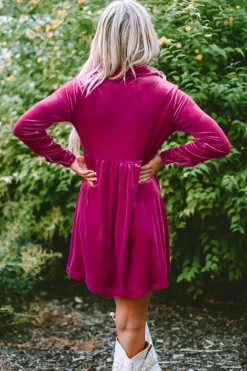 Online Dear-Lover Long Sleeve Ruffle Velvet Button Up Dress Rose