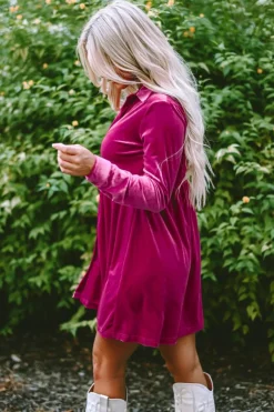 Online Dear-Lover Long Sleeve Ruffle Velvet Button Up Dress Rose