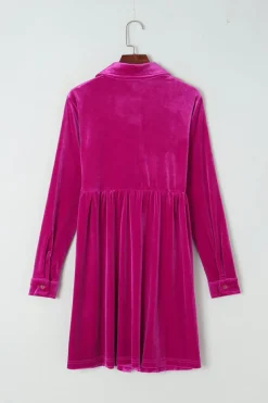 Online Dear-Lover Long Sleeve Ruffle Velvet Button Up Dress Rose