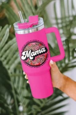 Best Dear-Lover Mama Leopard Print Stainless Steel Insulate Cup with Handle 40oz Rose