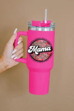 Best Dear-Lover Mama Leopard Print Stainless Steel Insulate Cup with Handle 40oz Rose
