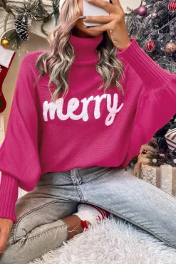 Clearance Dear-Lover Merry Letter Embroidered High Neck Sweater Rose