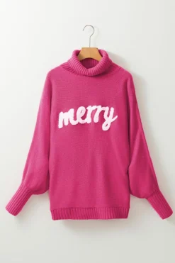 Clearance Dear-Lover Merry Letter Embroidered High Neck Sweater Rose