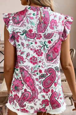Fashion Dear-Lover Paisley Floral Smocked Frilled Neck Flutter Sleeve Blouse Rose