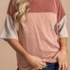 New Dear-Lover Color Block Ribbed Side Slits Half Sleeve Top Rose Pink