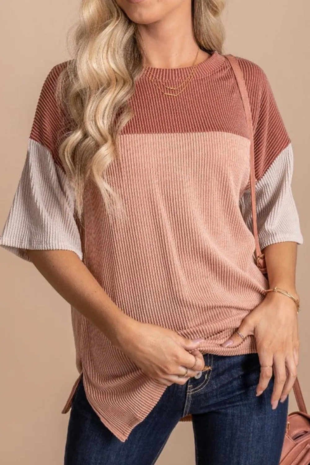 New Dear-Lover Color Block Ribbed Side Slits Half Sleeve Top Rose Pink