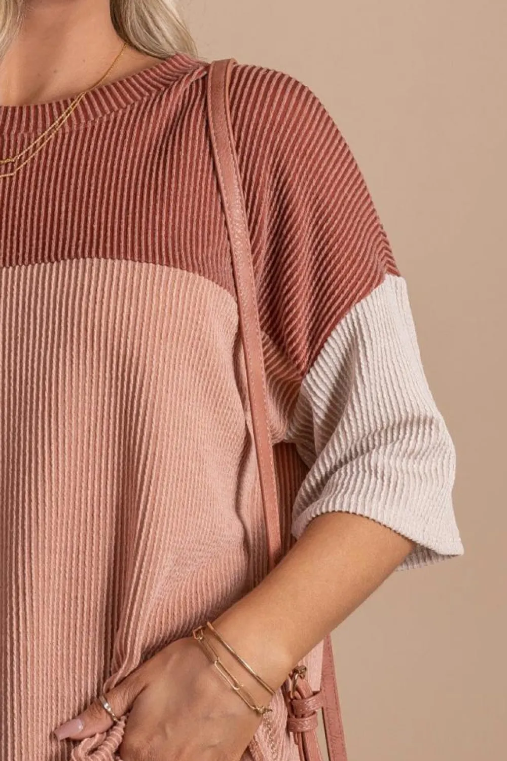 New Dear-Lover Color Block Ribbed Side Slits Half Sleeve Top Rose Pink