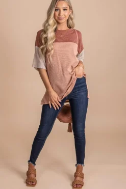 New Dear-Lover Color Block Ribbed Side Slits Half Sleeve Top Rose Pink