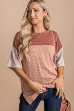 New Dear-Lover Color Block Ribbed Side Slits Half Sleeve Top Rose Pink