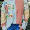 Sale Dear-Lover Floral Patchwork Waffle Color Block Pullover Top Rose Pink