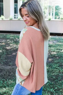Sale Dear-Lover Floral Patchwork Waffle Color Block Pullover Top Rose Pink