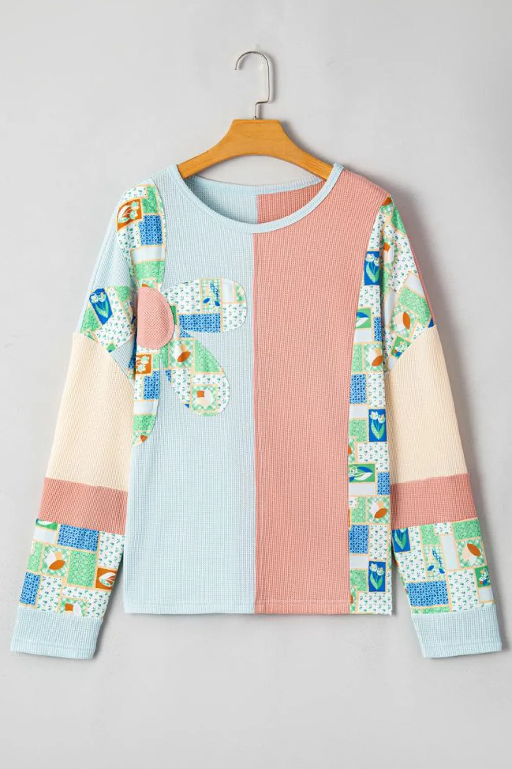 Sale Dear-Lover Floral Patchwork Waffle Color Block Pullover Top Rose Pink