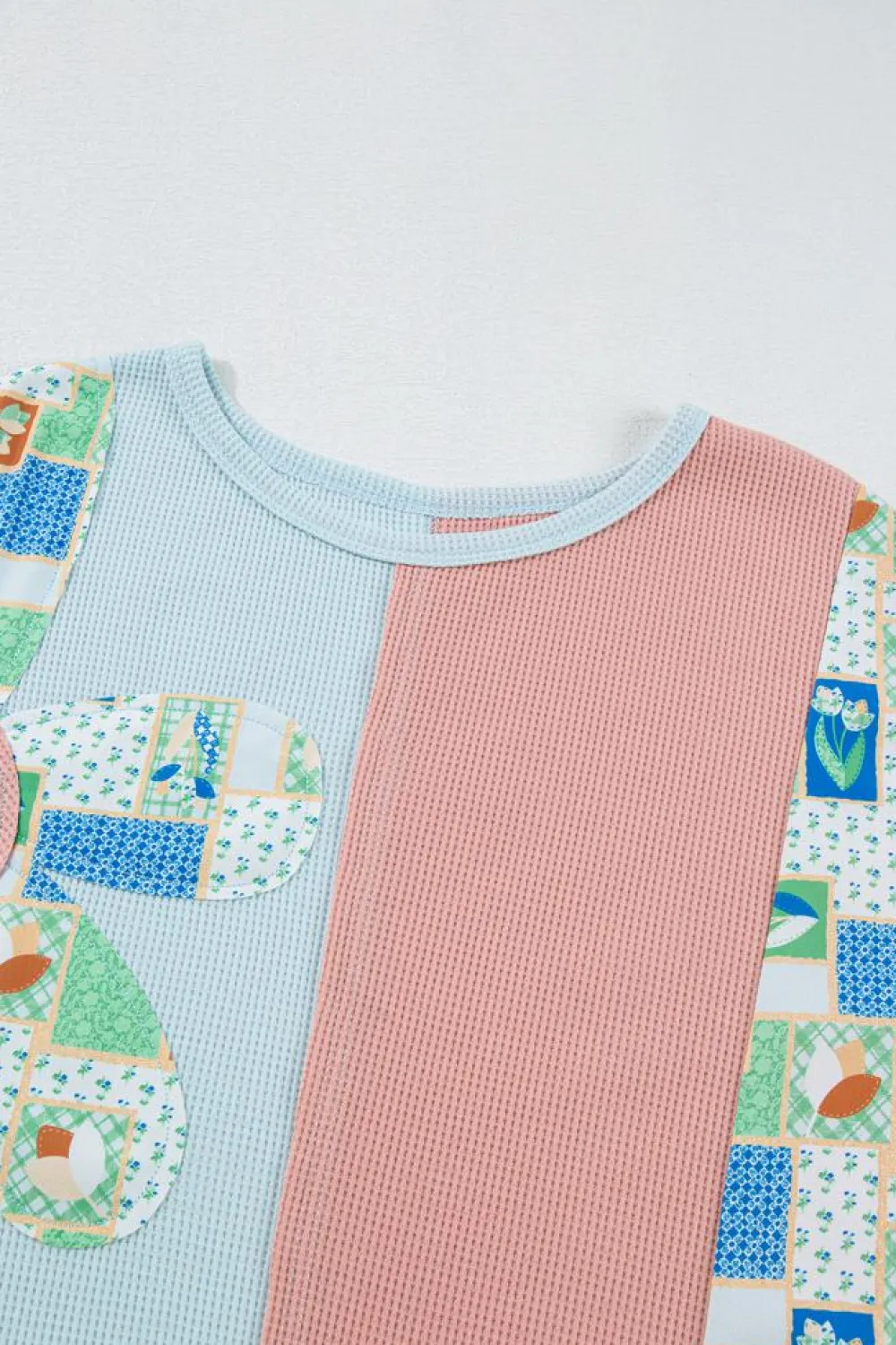 Sale Dear-Lover Floral Patchwork Waffle Color Block Pullover Top Rose Pink