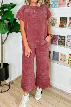 Online Dear-Lover Mineral Wash Corduroy Short Sleeve and Crop Pants Set Rose Pink