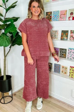 Online Dear-Lover Mineral Wash Corduroy Short Sleeve and Crop Pants Set Rose Pink