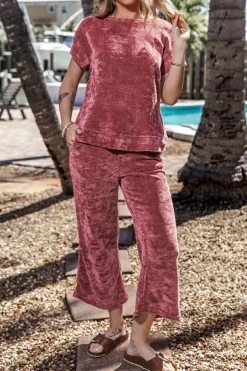 Online Dear-Lover Mineral Wash Corduroy Short Sleeve and Crop Pants Set Rose Pink