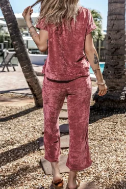 Online Dear-Lover Mineral Wash Corduroy Short Sleeve and Crop Pants Set Rose Pink