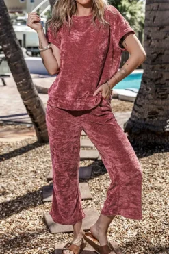Online Dear-Lover Mineral Wash Corduroy Short Sleeve and Crop Pants Set Rose Pink