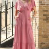 Fashion Dear-Lover Textured V Neck Flutter Sleeve Ruffled Maxi Dress Rose Pink