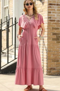 Fashion Dear-Lover Textured V Neck Flutter Sleeve Ruffled Maxi Dress Rose Pink