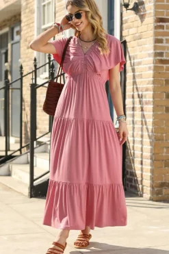 Fashion Dear-Lover Textured V Neck Flutter Sleeve Ruffled Maxi Dress Rose Pink