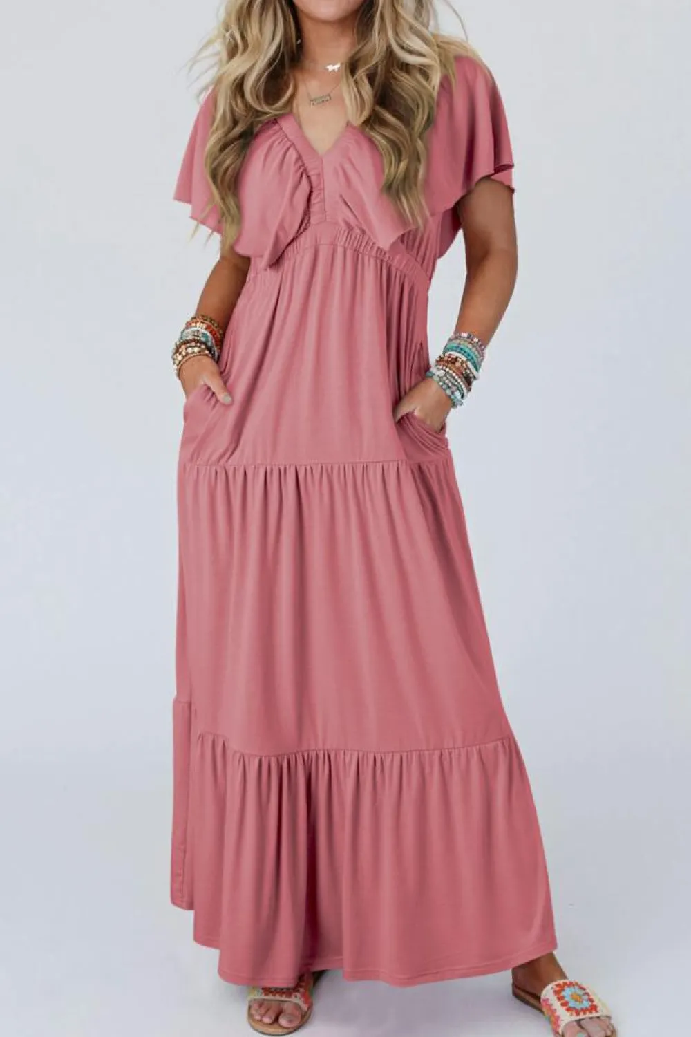 Fashion Dear-Lover Textured V Neck Flutter Sleeve Ruffled Maxi Dress Rose Pink