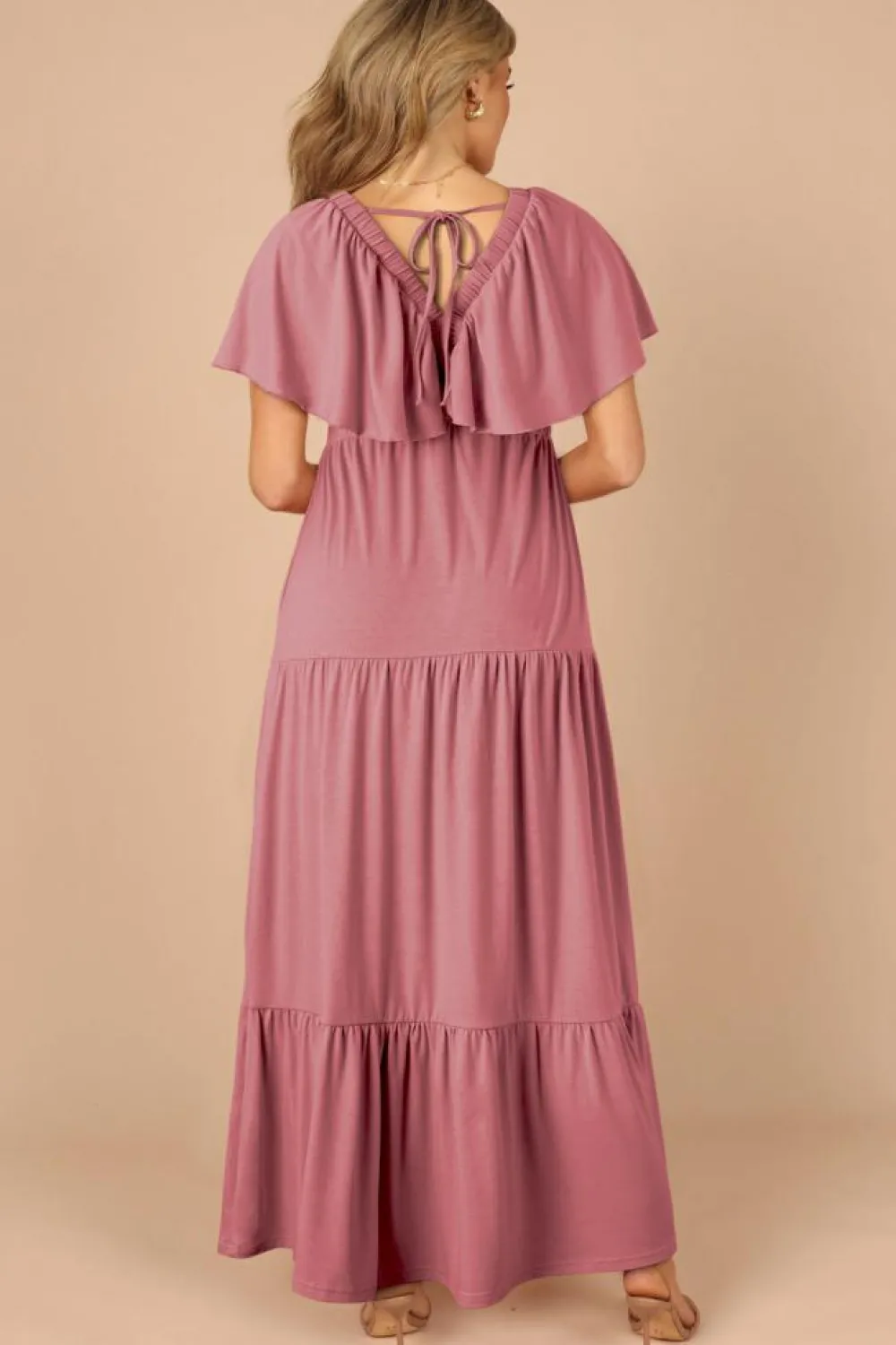 Fashion Dear-Lover Textured V Neck Flutter Sleeve Ruffled Maxi Dress Rose Pink