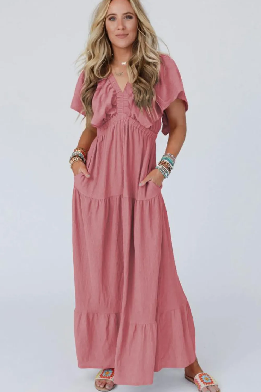 Fashion Dear-Lover Textured V Neck Flutter Sleeve Ruffled Maxi Dress Rose Pink