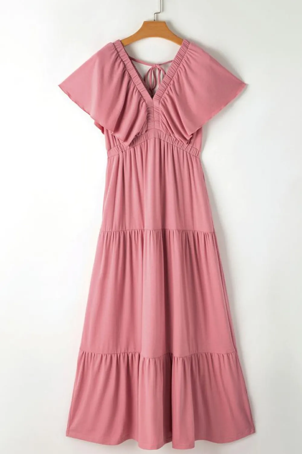 Fashion Dear-Lover Textured V Neck Flutter Sleeve Ruffled Maxi Dress Rose Pink