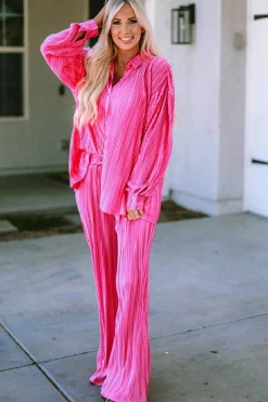 New Dear-Lover Pleated Long Sleeve Shirt and Wide-Leg Pants Set Rose