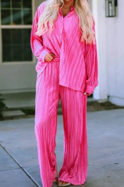 New Dear-Lover Pleated Long Sleeve Shirt and Wide-Leg Pants Set Rose