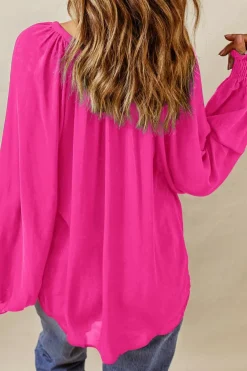 Discount Dear-Lover Pleated V Neck Puffy Sleeve Blouse Rose