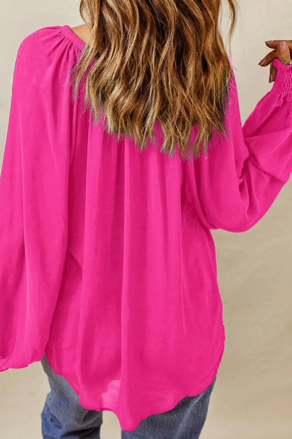 Discount Dear-Lover Pleated V Neck Puffy Sleeve Blouse Rose