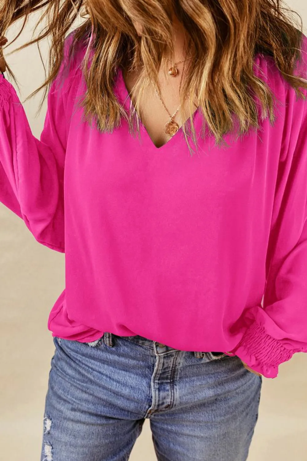 Discount Dear-Lover Pleated V Neck Puffy Sleeve Blouse Rose
