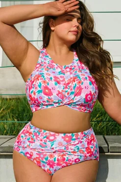 Clearance Dear-Lover Plus Size Floral Print Twisted High Waist Bikini Set Rose