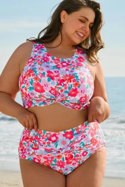 Clearance Dear-Lover Plus Size Floral Print Twisted High Waist Bikini Set Rose