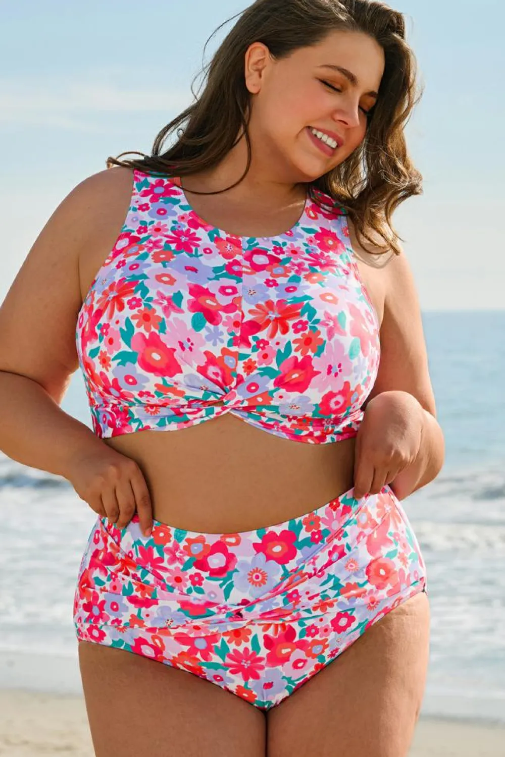 Clearance Dear-Lover Plus Size Floral Print Twisted High Waist Bikini Set Rose