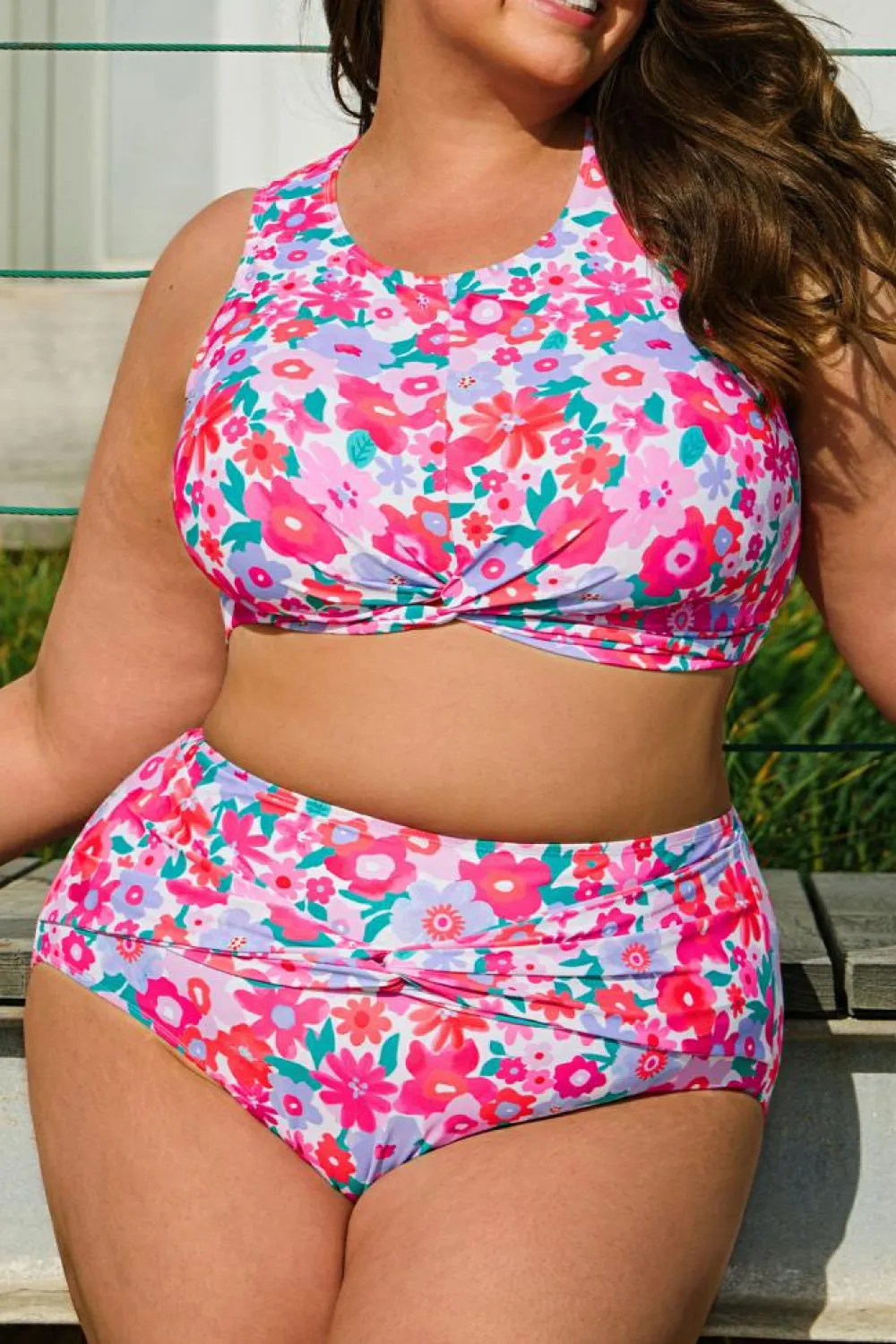 Clearance Dear-Lover Plus Size Floral Print Twisted High Waist Bikini Set Rose