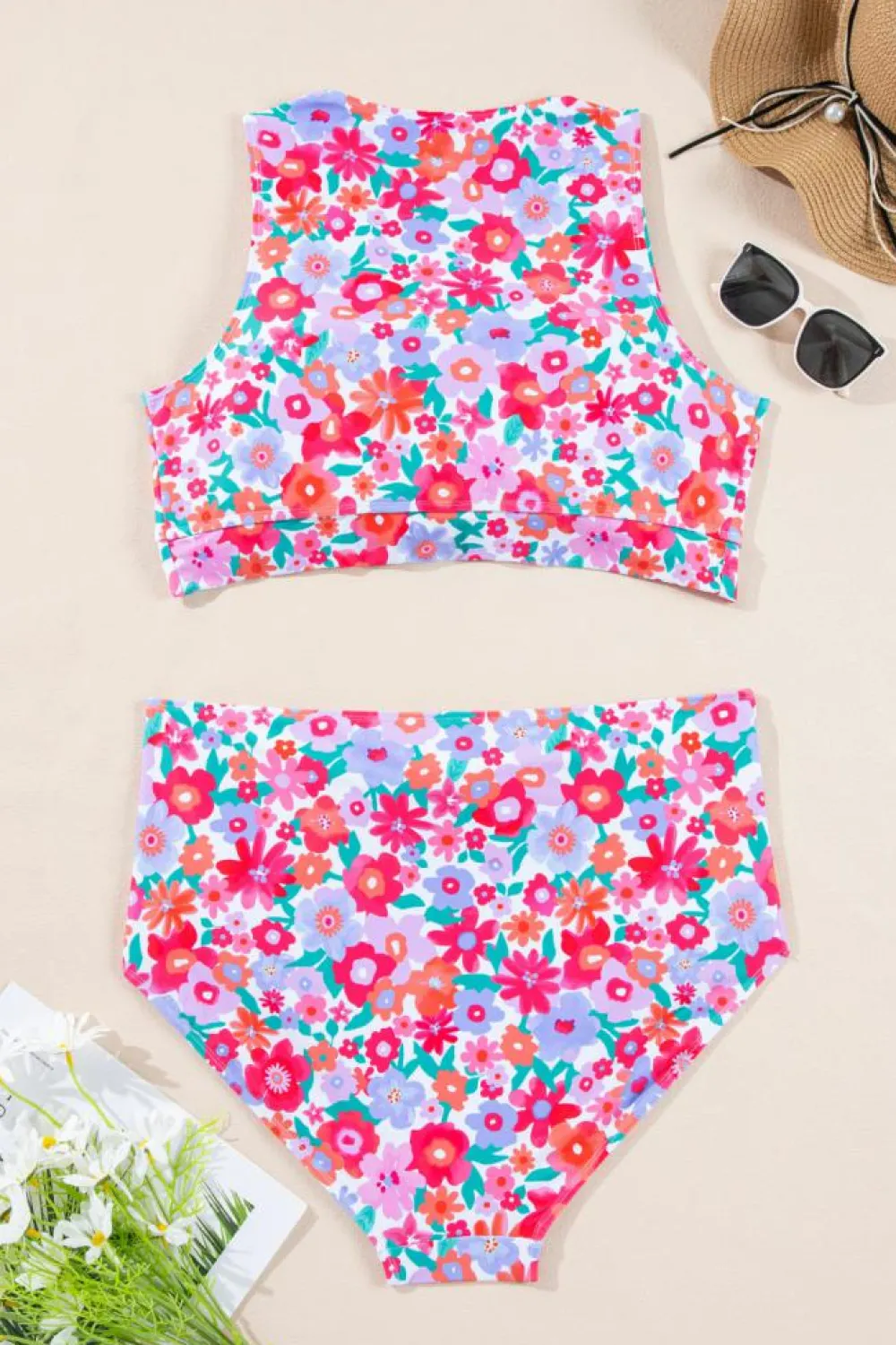 Clearance Dear-Lover Plus Size Floral Print Twisted High Waist Bikini Set Rose