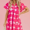 Sale Dear-Lover Polka Dot Flutter Sleeve Notched Neck Tiered Flowy Dress Rose