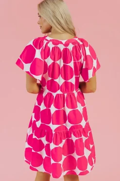 Sale Dear-Lover Polka Dot Flutter Sleeve Notched Neck Tiered Flowy Dress Rose