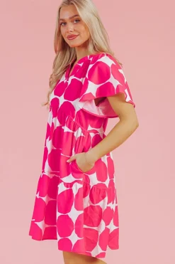 Sale Dear-Lover Polka Dot Flutter Sleeve Notched Neck Tiered Flowy Dress Rose