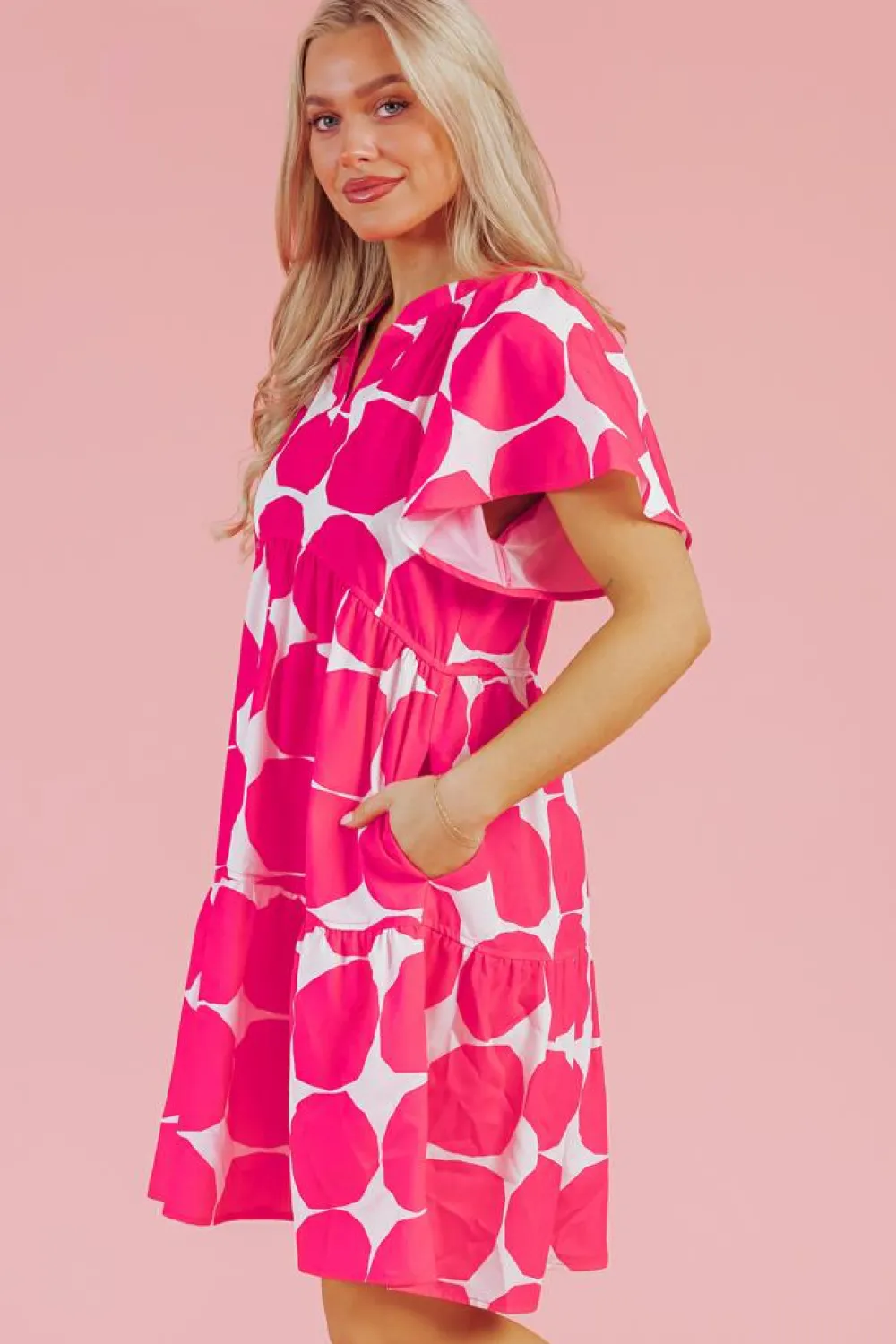 Sale Dear-Lover Polka Dot Flutter Sleeve Notched Neck Tiered Flowy Dress Rose